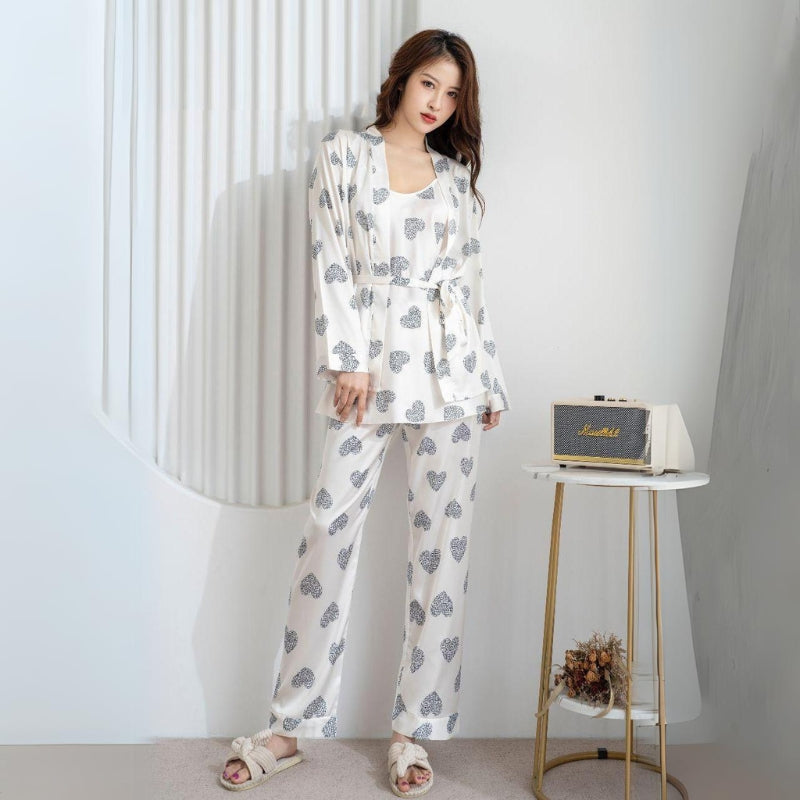 3pcs Pajama Set, Long Sleeve Belted Robe