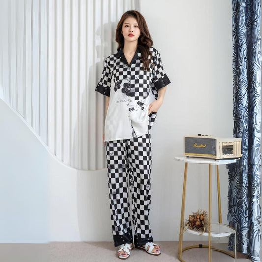 Black & White Plaid Satin Pajama Set, Half Sleeves