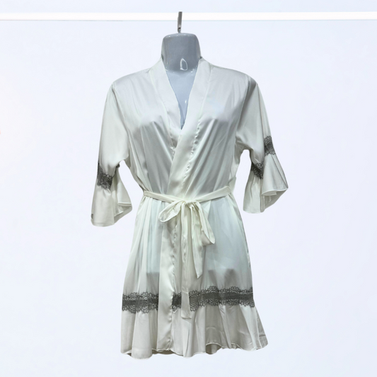 White Satin Robe with Grey Lace