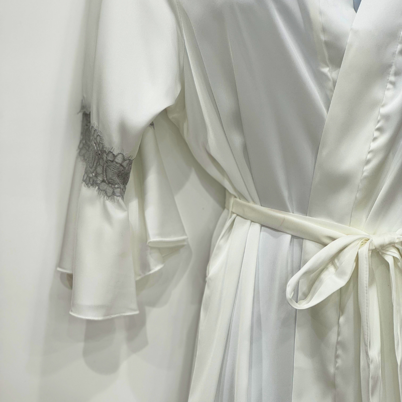 White Satin Robe with Grey Lace