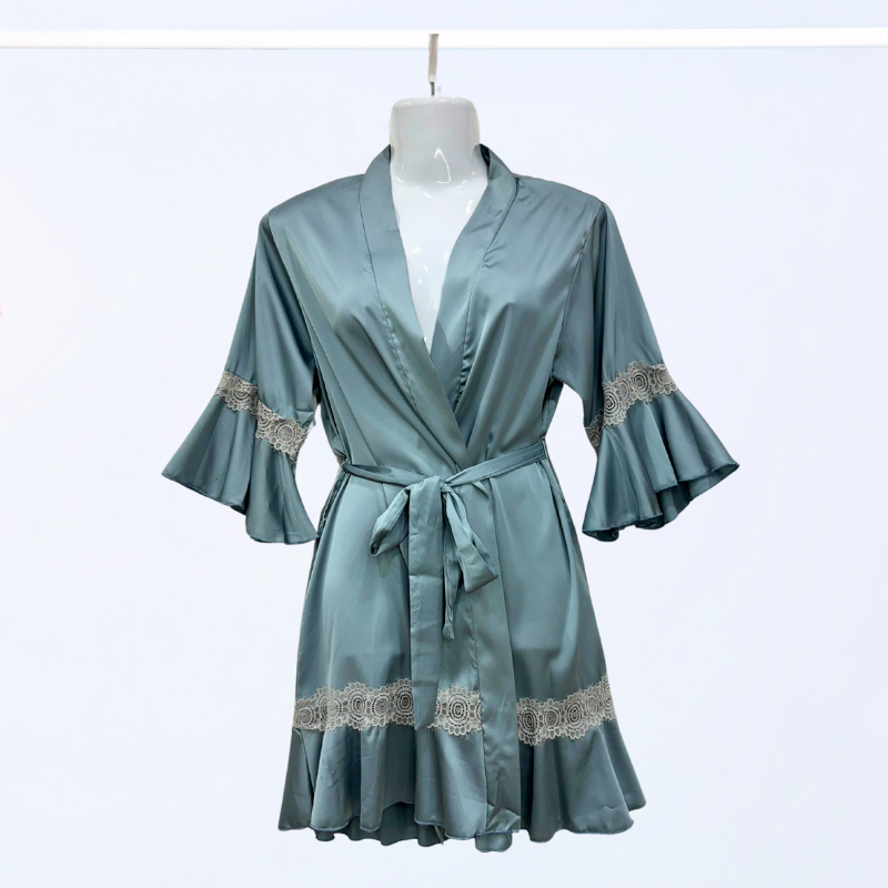 Teal Blue Satin Robe with lace