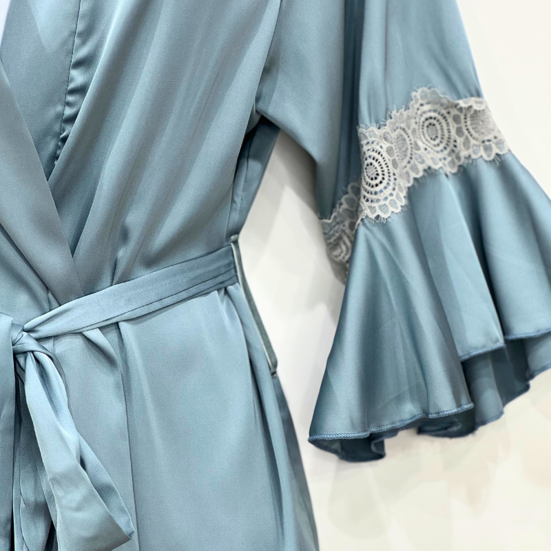 Teal Blue Satin Robe with lace