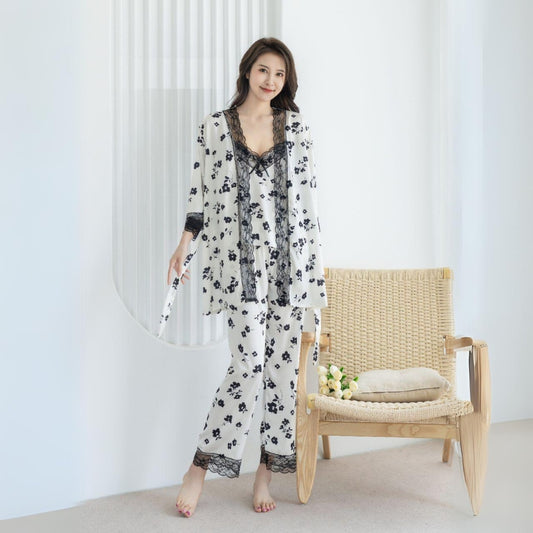 3pcs Pajama Set, Long Sleeve Belted Robe