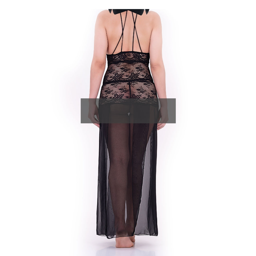 Sheer Black Lace Cami Lingerie Dress, Stylish V Neck Backless Strap , Women's Lingerie