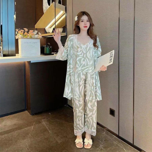 3pcs Pajama Set, Long Sleeve Belted Robe