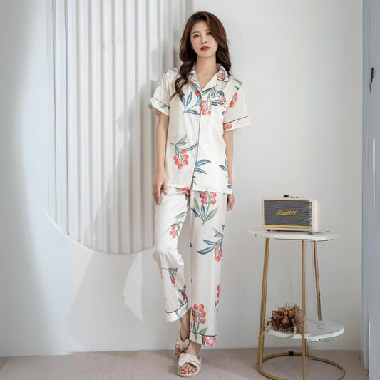 White Floral Satin Pajama Set, Half Sleeves