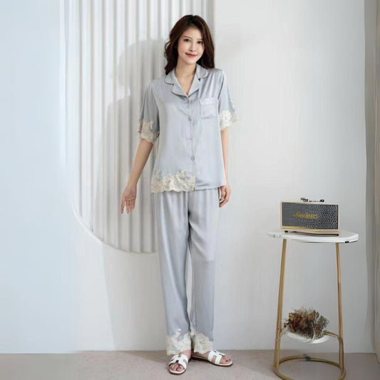 Light Blue Lacey Satin Pajama Set, Half Sleeves