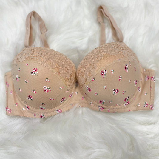 Beige Floral Comfy & Breathable Underwired Push Up Bra