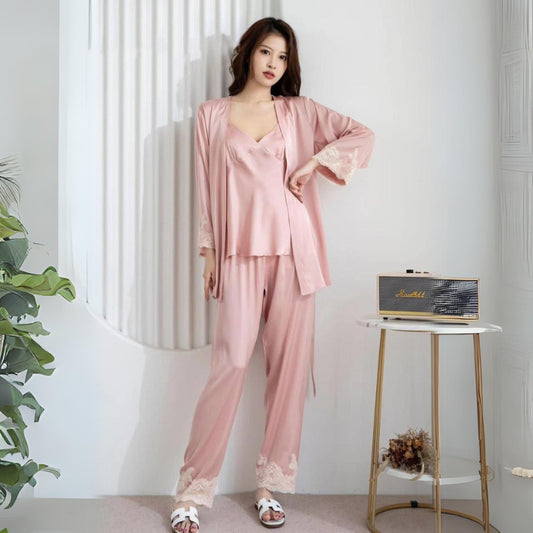 Elegant Pink 3pcs Pajama Set, Long Sleeve Belted Robe