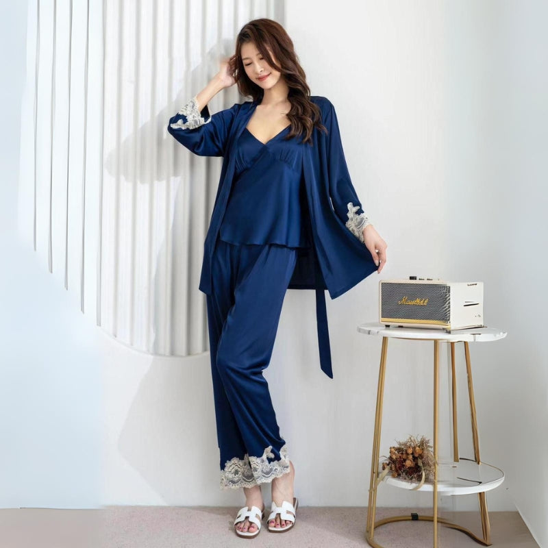 Blue Lacey 3pcs Pajama Set, Long Sleeve Belted Robe