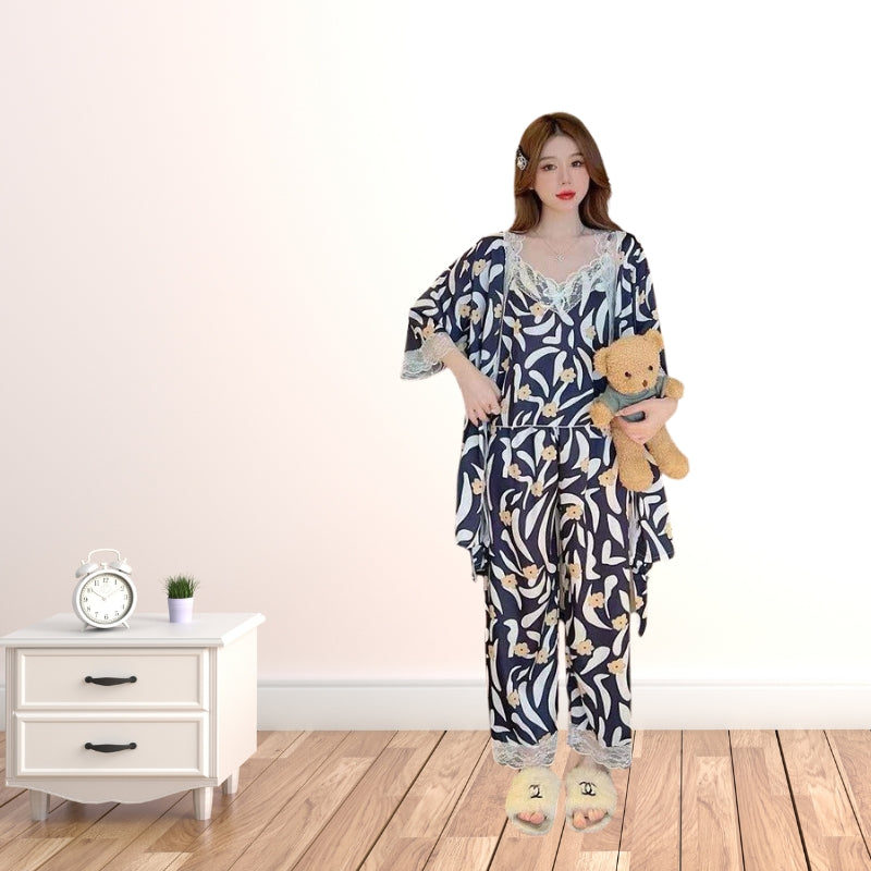 Blue Floral 3pcs Pajama Set, Long Sleeve Belted Robe