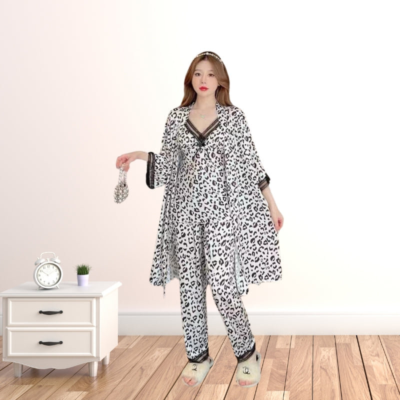 Black & White Cheetah Print 3pcs Pajama Set, Long Sleeve Belted Robe