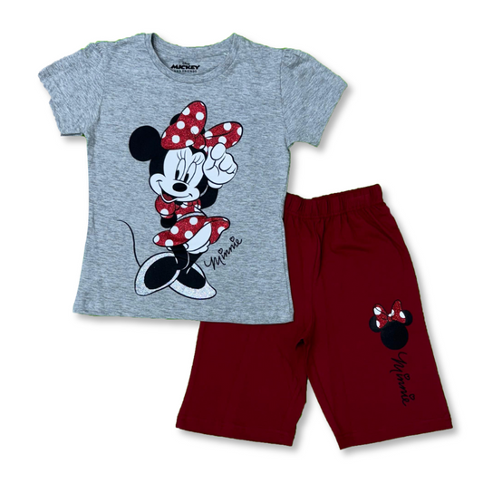 Minnie Mouse Girls Summer Shorts Set - Grey Red